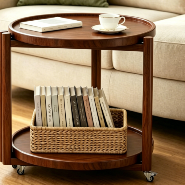 Walnut Double Layer Movable Side Table