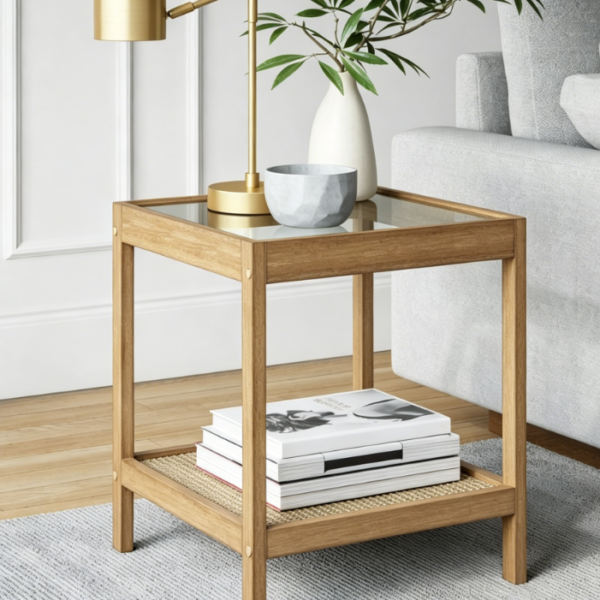 Solid Wood And Glass Storage Side Table